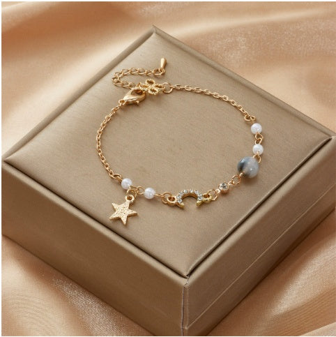 Real Gold Plating Flash Diamond Star And Moon Bracelet