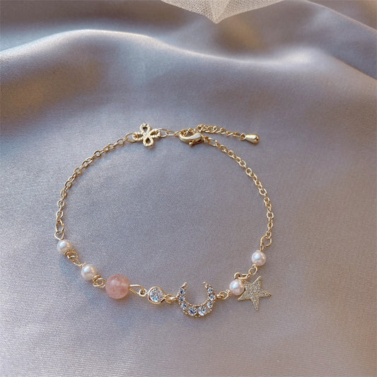Real Gold Plating Flash Diamond Star And Moon Bracelet