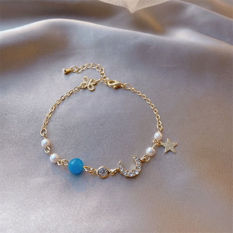 Real Gold Plating Flash Diamond Star And Moon Bracelet